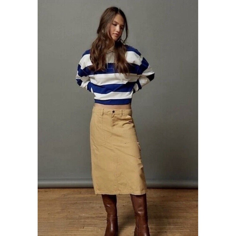 BDG Urban Outfitters Cargo Khaki Denim Canvas Midi Skirt Carpenter Tan/Camel XS